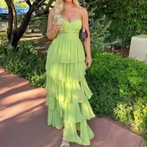 Lovers + Friends Green Asymmetrical Ruffled Strapless Dress